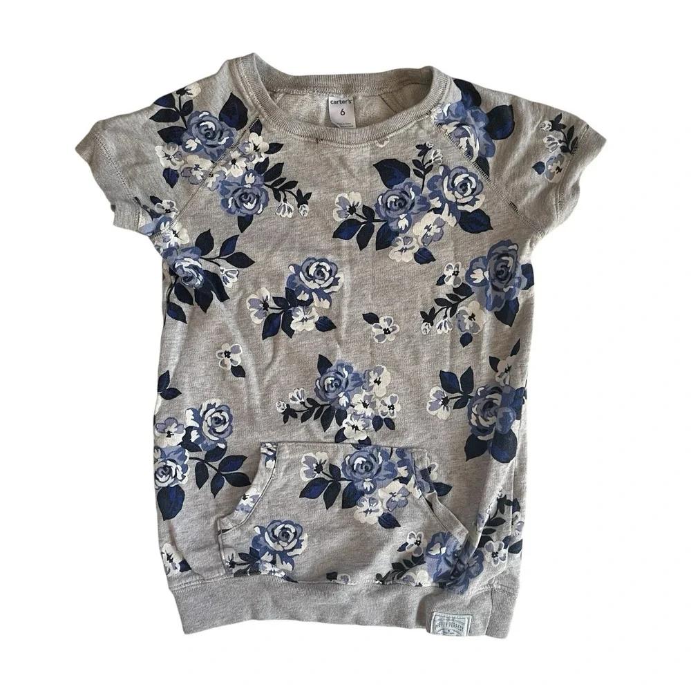 Carter's Girl's Size 6 Floral Shirt Gray 100% Cotton Kangaroo Pocket Terry